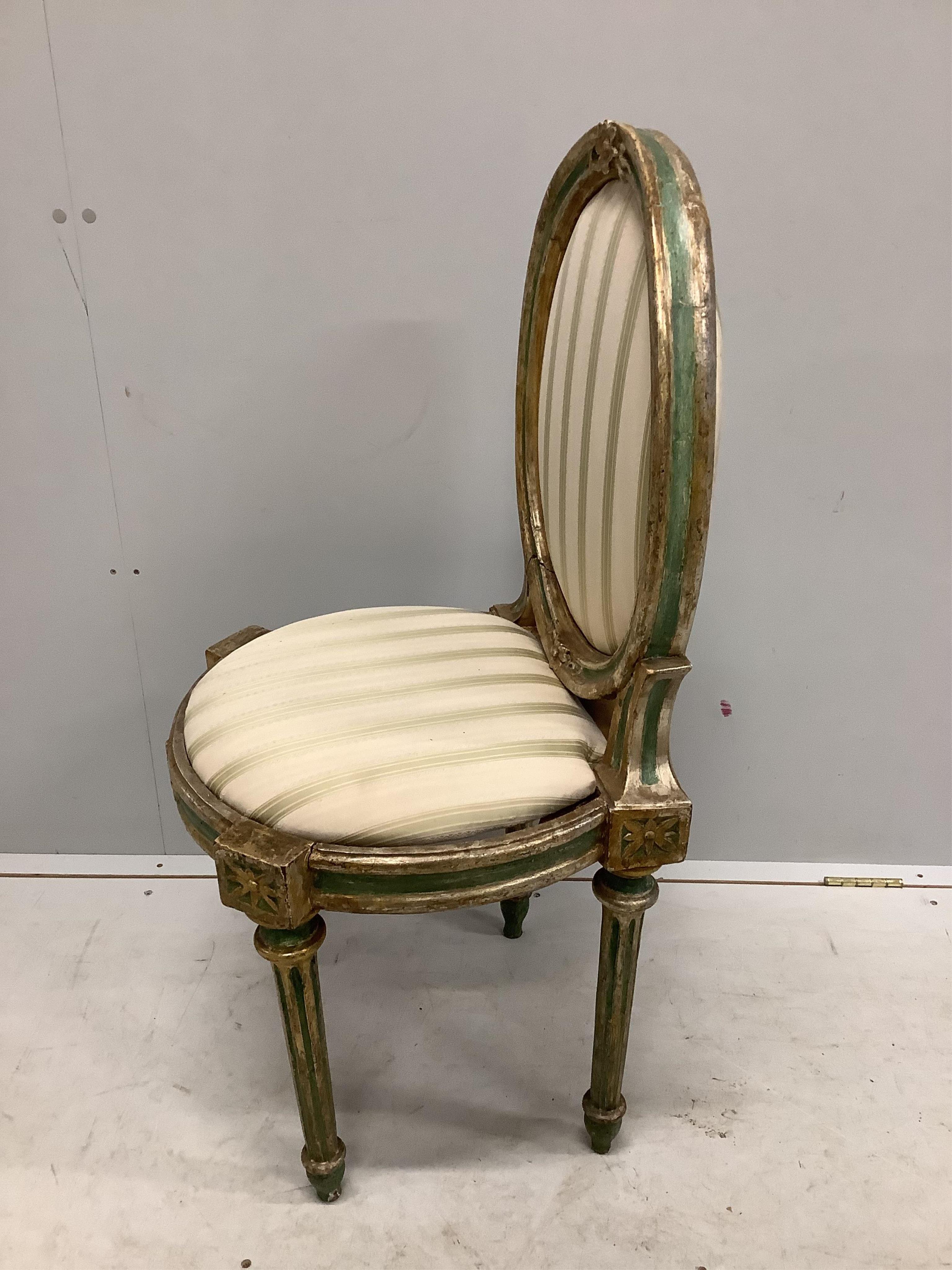 A set of six early 19th century Venetian painted, silvered parcel gilt side chairs, width 44cm, depth 40cm, height 99cm. Condition - fair to good